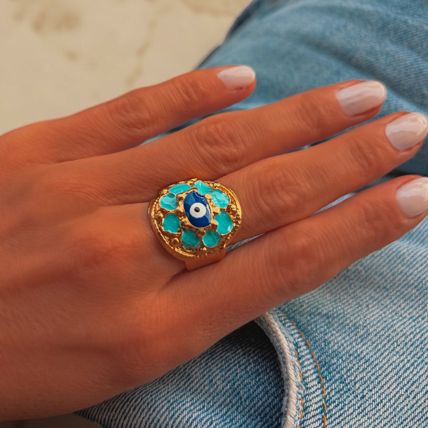 Paxos ring - gold-plated, adjustable, turquoise
