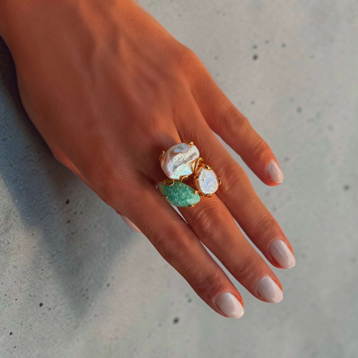 Nara-gold ring - gold-plated, adjustable, amazonite, pearl